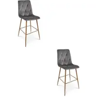 Leobert LIBRA Barkrukken – Set van 2 – Donkergrijs Velvet – Eikenkleurige Metalen Poten – Met Rugleuning – Met Voetsteun – Modern Design – Voor Keukeneiland, Bar en Keuken