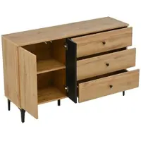 OKWISH Dressoir – Houtnerf Met Verticale Strepen – 120×35×76 Cm – 1 Kastdeur En 3 Lades – Met Metalen Poten – Naturel Zwart