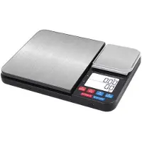 OEM Digitale, oplaadbare keukenweegschaal met roestvrijstalen top, transparant verlicht display. Nauwkeurige weegschaal voor voedsel, kruiden, thee en sieraden. Dubbel weegplateau, 12 instellingen