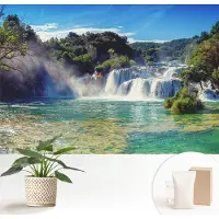 Wallfluent Fotobehang - Blauw Vliesbehang - 152x104 cm - Watervallandschap Muurschildering - Gang behang Landschappen - Fotobehang Vlies - Gang behang