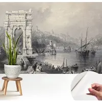 Wallfluent Zelfklevend Fotobehang - Grijs Vliesbehang - 208x146 cm - Zeegezicht Behang Zonder Lijm - Gang behang Architectuur - Luchtbelvrij Behang - Polyester Behang
