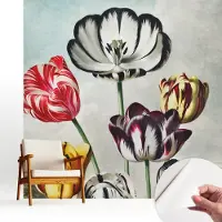 Wallfluent Zelfklevend Fotobehang - Zwart Vliesbehang - 250x250 cm - Kleurrijke Tulpen Fotobehang - Woonkamer behang Bloemen En Planten - Polyester Behang - Luchtbelvrij Behang