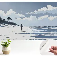 Wallfluent Zelfklevend Fotobehang - Blauw Vliesbehang - 104x70 cm - Stilte Op Het Strand Fotobehang - Hal behang Landschappen - Behang Zonder Lijm - Scheurbestendig Behang