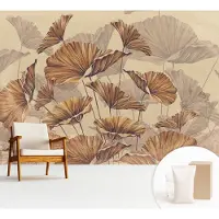 Wallfluent Fotobehang - Beige Vliesbehang - 312x219 cm - Herfstachtige Elegantie Muurschildering - Slaapkamer behang Bloemen En Planten - Fotobehang Vlies - Slaapkamer behang