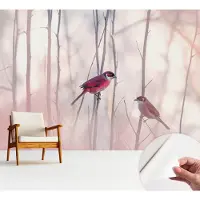 Wallfluent Zelfklevend Fotobehang - Roze Vliesbehang - 312x219 cm - Vogelpaar Behang Zonder Lijm - Slaapkamer behang Dieren - Luchtbelvrij Behang - Bubble Free Behang