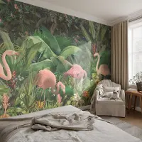 Coloray Vliesbehang - Groente Snellijm Behang - 250x104 cm - Roze Flamingo'S Fotobehang Vlies - Woonkamer behang Bloemen En Planten - Muurschildering - Hal behang