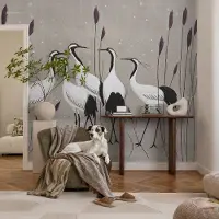 Coloray Vliesbehang - Grijs Snellijm Behang - 250x104 cm - Een Zwerm Kraanvogels Muurschildering - Gang behang Dieren - Fotobehang Vlies - Gang behang