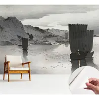 Wallfluent Zelfklevend Fotobehang - Grijs Vliesbehang - 312x219 cm - Avondbaai Behang Zonder Lijm - Gang behang Landschappen - Luchtbelvrij Behang - Polyester Behang