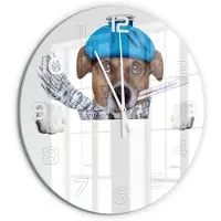 Tulup Wandklok - Zieke hond Glazen Klok Met Print - fi60 cm - Blauw Wandklok Glas Met Motief - Witte handen - Ronde Klok - Wandklok Glas Decoratie - Gekleurde Glazen Klok
