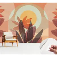 Wallfluent Zelfklevend Fotobehang - Oranje Vliesbehang - 312x219 cm - Bloemabstractie Behang Zonder Lijm - Gang behang Deel - Luchtbelvrij Behang - Polyester Behang