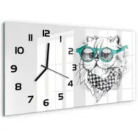 Tulup Wandklok - Kat met bril Wandklok Glas Met Motief - 60x30 cm - Blauw Decoratieve Glazen Klok - Zwarte handen - Rechthoekige Klok - Gekleurde Glazen Klok - Glazen Klok Met Print
