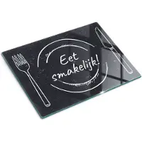 Wallfluent Glazen Snijplanken - Zwart Eet smakelijk! - Snijplanken Glas - 30 cm x 40 cm - Zwart Snijplanken van Glas - Glazen Hakplank - Decoratieve Glazen Snijplank - Antislip Hakplank van Glas