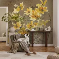 Coloray Vliesbehang - Bruin Snellijm Behang - 152x104 cm - Zonnig Boeket Muurschildering - Gang behang Bloemen En Planten - Fotobehang Vlies - Slaapkamer behang