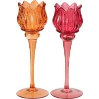 J-Line Tulpvormig windlicht op voet - glas - oranje/fuchsia - large - assortiment van 2