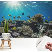 Wallfluent Zelfklevend Fotobehang - Blauw Vliesbehang - 208x146 cm - Onderwaterwereld Behang Zonder Lijm - Slaapkamer behang Dieren - Makkelijk Aan Te Brengen Behang - Bubble Free Behang