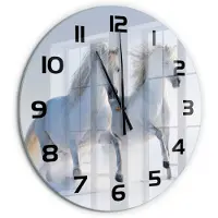 Tulup Wandklok - Twee paarden in de sneeuw Decoratieve Glazen Klok - fi60 cm - Wit Glazen Wandklok Design - Zwarte handen - Ronde Klok - Glazen Klok Met Print - Wandklok Glas Met Motief