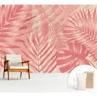 Wallfluent Fotobehang - Roze Vliesbehang - 312x219 cm - Tropische Bladeren Muurschildering - Gang behang Bloemen En Planten - Fotobehang Vlies - Gang behang