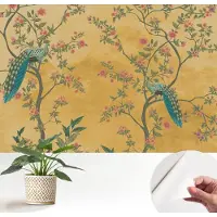 Wallfluent Zelfklevend Fotobehang - Geel Vliesbehang - 152x104 cm - Pauwenbomen Behang Zonder Lijm - Slaapkamer behang Bloemen En Planten - Luchtbelvrij Behang - Bubble Free Behang