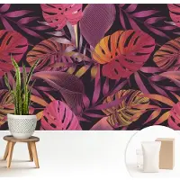 Wallfluent Fotobehang - Zwart Vliesbehang - 208x146 cm - Exotische Bladeren Fotobehang Vlies - Woonkamer behang Bloemen En Planten - Muurschildering - Woonkamer behang