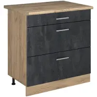 Vicco Keukenonderkast R-Line Zwart beton/Goudkleurig Eiken 80 cm met 3 laden goudkleurig eiken werkblad, Model 72453