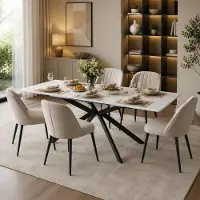 ALFORIGO Uitbreidbare eettafel 150/180 x 70 x 76 cm, rechthoekige eettafel met kruisvoetdesign, automatisch uitschuifbaar, marmerlook, zwart en wit, MDF