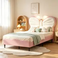 INONEFT Kinderbed, gestoffeerd bed 90x200 cm met leeslamp, eenpersoonsbed met verstelbaar hoofdeinde en lattenbodem, kinderbed voor jongens en meisjes, fluweel, roze