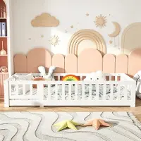 INONEFT Kinderbed, grondbed, 90 x 200 cm, met lattenbodem, houten bed met valbeveiliging en deur, speelbed voor kinderen, wit
