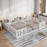 INONEFT Bodembed 180x200 cm voor 2 kinderen, kinderbed van massief hout met valbeveiliging en lattenbodem, Montessori bed met sterrenmotief, zonder matras, wit