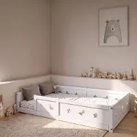 INONEFT Kinderbed 140x200 cm, vloerbed met valbeveiliging, houten bedframe met lattenbodem, Montessori kinderbed van massief hout, kinderbed wit