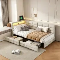INONEFT Gestoffeerd eenpersoonsbed, 90x200 cm, multifunctioneel bed met LED-verlichting en USB/C-poorten, L-vormig houten platformbed met 2 lades en lattenbodem, linnen, beige