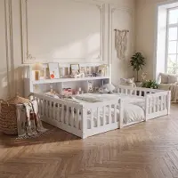INONEFT Kinderbed 140x200 cm met valbeveiliging, bed met opbergruimte en boekenkast, massief grenenhouten bed, eenpersoonsbed met lattenbodem, wit