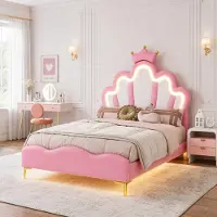 INONEFT Gestoffeerd bed 90x190 cm met lattenbodem, kinderbed met kroonvormig hoofdeinde, eenpersoonsbed voor tieners met bekleding, prinsessenbed van hout, met Polyurethanbekleding, roze