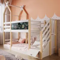 Ropilly Stapelbed 90x200 cm, kinderbed in boomhuisstijl, gemaakt van massief grenenhout en MDF, met een whiteboard, een trap met opbergruimte, lades en een valbeveiliging