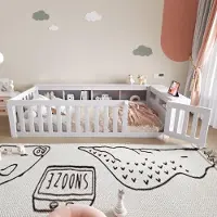 Ropilly Kinderbed van 90x200 cm, gemaakt van massief hout, met opbergvakken, veiligheidshek en deur. Bodembed met lattenbodem, in de kleur wit, voor kinderkamers