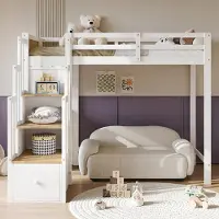 Ropilly Hoogslaper 90x200 cm van hout in wit en naturel, met bureau en opbergruimte via een trap. Halfhoogslaper met lades en plank voor kinderkamers
