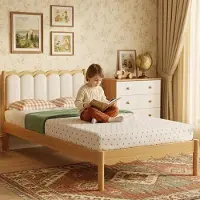 Ropilly Gestoffeerd bed 90x200 cm, beige, met Polyurethanhoofdeinde, massief houten frame en lattenbodem, kinderbed 90x200 voor de slaapkamer