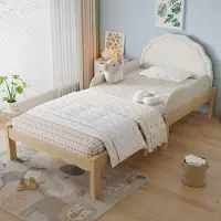 Ropilly Boxspringbed 90x200 cm, beige, kinderbed met Polyurethanhoofdeinde, zijhekken en een stevig lattenbodem, houten frame voor kinderkamers