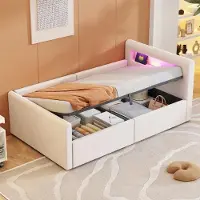 Ropilly Kindbed met gestoffeerde zijkanten, afmetingen 90x200 cm, in beige kleur, met LED-verlichting, nachtlampje, USB-oplaadpoort, hydraulische opbergruimte en een verstelbare rugleuning aan de zijkant