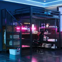 Ropilly Metall hoogslaper 140x200 cm, zwart, hoogslaper met groot bureau, LED-verlichting en een trap met opbergruimte, ideaal voor de slaapkamer