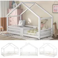 Ropilly Kinderbed, huismodel, 90 x 200 cm, wit, gemaakt van grenenhout, met valbeveiliging en lattenbodem. Kinderbed zonder matras