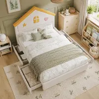 Ropilly Kinderbed 140x200 cm, bekleed met stof, in beige kleur, met 4 lades, fluweel en een hoofdeinde in huisstijl, voor de kinderkamer