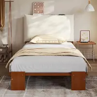 Ropilly Gestoffeerd bed van 90x200 cm in donkerbruin, eenpersoonsbed met een gestoffeerde rugleuning en een stevig lattenbodem, kinderbed met brede bedpoten