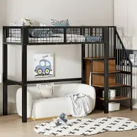 Ropilly Hoogslaper 90x200, kinderbed met ladder, metalen hoogslaper in zwart, met opbergrek en kledingkast, ideaal voor kleine ruimtes