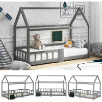 Ropilly Bedbank 90 x 200 cm, grijs, van grenenhout, met bureau, valbeveiliging en lattenbodem, geschikt voor de slaapkamer