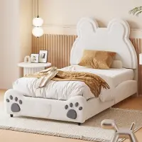 Ropilly Kinderbed 90x200 cm, bekleed kinderbed in de vorm van een beer, met een huidvriendelijke veloursbekleding, wit eenpersoonsbed voor kinderen, slaapkamer