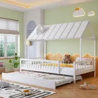 Ropilly Bedframe 120x200 cm, wit, gemaakt van grenen en MDF, met rollen en een 3-zijdige spijnbescherming, geschikt voor de slaapkamer