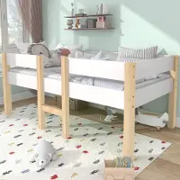 Ropilly Kinderbed 90x200 cm met valbeveiliging, halfhoog bed van massief grenenhout en MDF in wit/eikenhout, met een ladder voor kinderkamers