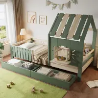 Ropilly Kinderbed 90x200 cm, type "huisje" met dak en raam, kinderbed met 2 lades, gemaakt van grenen, MDF en multiplex, in de kleuren groen en naturel