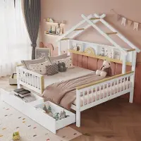 Ropilly Kinderbed 140x200 cm, wit, naturel, gemaakt van grenen en MDF, met valbeveiliging, een dakontwerp en 2 lades, ideaal voor kinderkamers