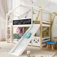 Ropilly Hoogslaper voor kinderen, 90x200 cm, gemaakt van massief grenenhout en MDF. Kinderbed in de vorm van een boomhuis, 90x200 cm, met ladder, glijbaan en 2 lattenbodems, in de kleur wit natuur